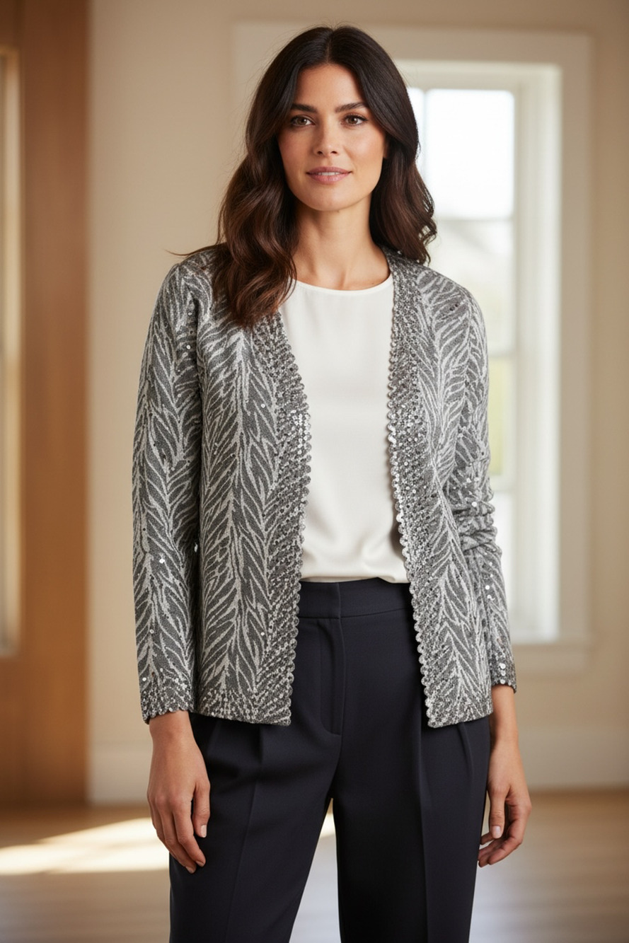Chances R Silver Gray Textured Open Front Cardigan Sweater/Jacket Petite Large